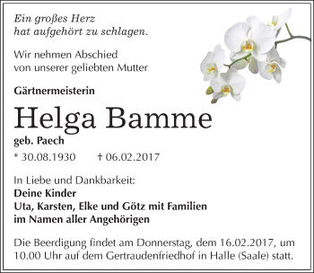 Traueranzeige von Helga Bamme von Mitteldeutsche Zeitung Halle/Saalkreis