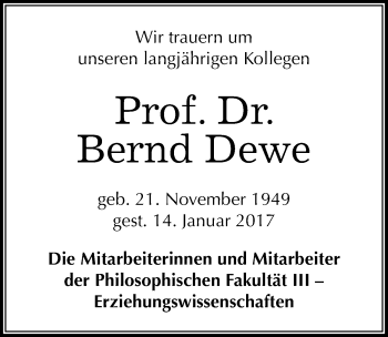 Traueranzeige von Bernd Dewe von Mitteldeutsche Zeitung Halle/Saalkreis