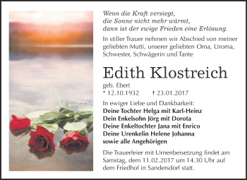 Traueranzeige von Edith Klostreich von WVG - Wochenspiegel Bitterfeld