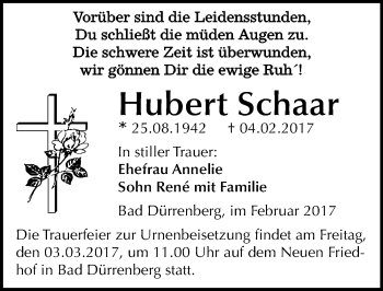 Traueranzeige von Hubert Schaar von Mitteldeutsche Zeitung Merseburg/Querfurt