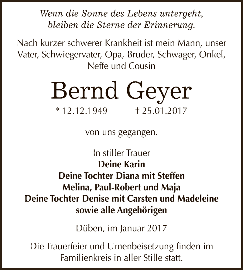  Traueranzeige für Bernd Geyer vom 04.02.2017 aus Super Sonntag Wittenberg