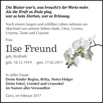 Traueranzeige von Ilse Freund von Super Sonntag Zeitz