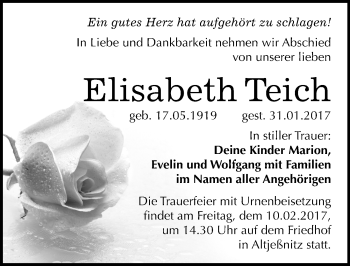 Traueranzeige von Elisabeth Teich von Mitteldeutsche Zeitung Bitterfeld
