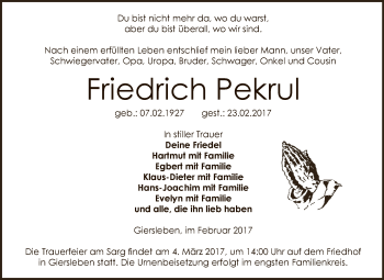 Traueranzeige von Friedrich Pekrul von Super Sonntag SGH Mansf. Land