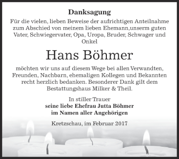 Traueranzeige von Hans Böhmer von Super Sonntag Zeitz