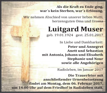 Traueranzeige von Luitgard Muser von Mitteldeutsche Zeitung Aschersleben