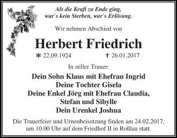 Traueranzeige von Herbert Friedrich von WVG - Wochenspiegel Dessau / Köthen