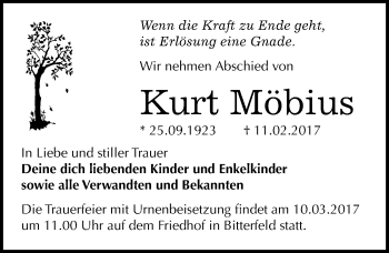 Traueranzeige von Kurt Möbius von Mitteldeutsche Zeitung Halle/Saalkreis