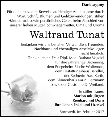 Traueranzeige von Waltraud Tunat von Mitteldeutsche Zeitung Mansfelder Land