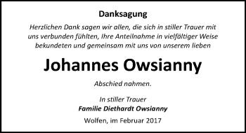 Traueranzeige von Johannes Owsianny von Mitteldeutsche Zeitung Bitterfeld