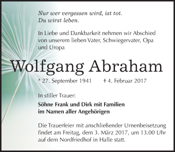 Traueranzeige von Wolfgang Abraham von Mitteldeutsche Zeitung Halle/Saalkreis