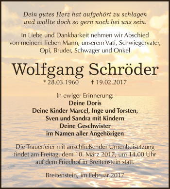 Traueranzeige von Wolfgang Schröder von Super Sonntag SGH Mansf. Land