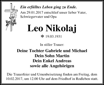 Traueranzeige von Leo Nikolaj von Mitteldeutsche Zeitung Dessau-Roßlau