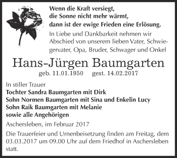 Traueranzeige von Hans-Jürgen Baumgarten von Super Sonntag SGH Mansf. Land