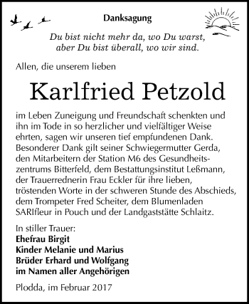 Traueranzeige von Karlfried Petzold von WVG - Wochenspiegel Bitterfeld