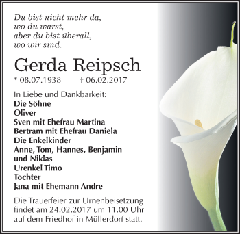 Traueranzeige von Gerda Reipsch von Mitteldeutsche Zeitung Halle/Saalkreis