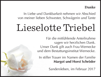 Traueranzeige von Lieselotte Triebel von Mitteldeutsche Zeitung Mansfelder Land
