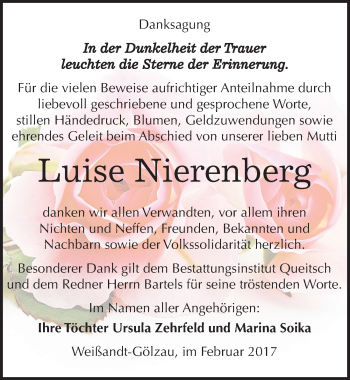 Traueranzeige von Luise Nierenberg von Mitteldeutsche Zeitung Köthen