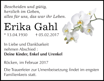 Traueranzeige von Erika Gahl von WVG - Wochenspiegel NMB / WSF / ZTZ