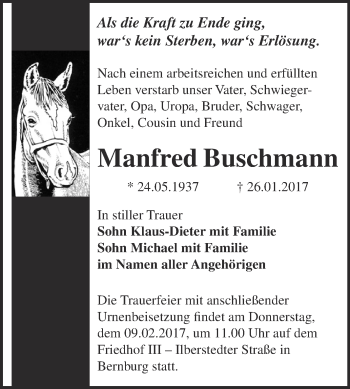 Traueranzeige von Manfred Buschmann von Super Sonntag Bernburg