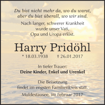 Traueranzeige von Harry Pridöhl von WVG - Wochenspiegel Bitterfeld