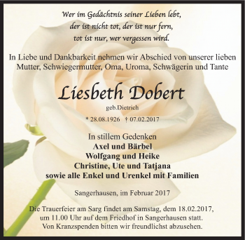 Traueranzeige von Liesbeth Dobert von Mitteldeutsche Zeitung Sangerhausen
