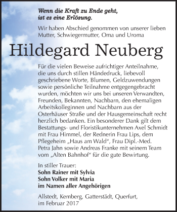Traueranzeige von Hildegard Neuberg von Mitteldeutsche Zeitung Sangerhausen
