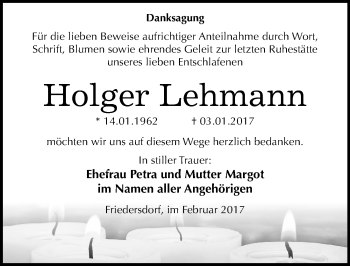 Traueranzeige von Holger Lehmann von Mitteldeutsche Zeitung Bitterfeld