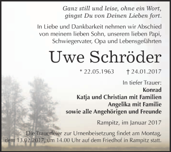Traueranzeige von Uwe Schröder von Super Sonntag Halle
