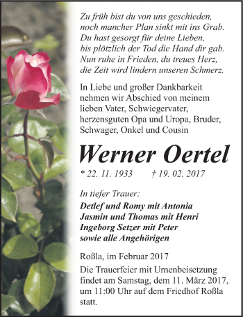 Traueranzeige von Werner Oertel von Mitteldeutsche Zeitung Sangerhausen