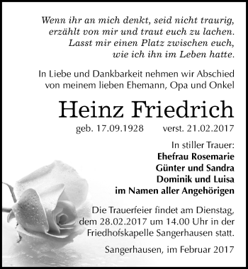 Traueranzeige von Heinz Friedrich von Mitteldeutsche Zeitung Sangerhausen
