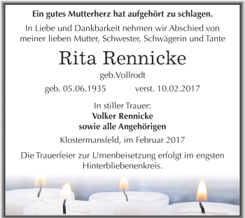Traueranzeige von Rita Rennicke von Super Sonntag SGH Mansf. Land