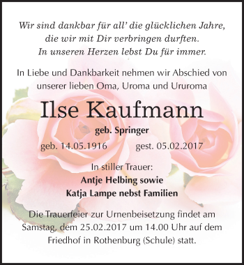 Traueranzeige von Ilse Kaufmann von Mitteldeutsche Zeitung Halle/Saalkreis