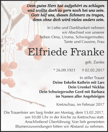 Traueranzeige von Elfriede Franke von Super Sonntag Zeitz