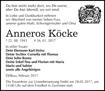Traueranzeige von Anneros Köcke von Mitteldeutsche Zeitung Merseburg/Querfurt