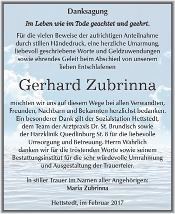 Traueranzeige von Gerhard Zubrinna von Super Sonntag SGH Mansf. Land