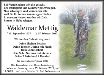 Traueranzeige von Waldemar Mettig von Super Sonntag Quedlinburg