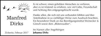 Traueranzeige von Manfred Dirks von Mitteldeutsche Zeitung Bernburg