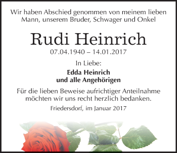 Traueranzeige von Rudi Heinrich von Mitteldeutsche Zeitung Bitterfeld