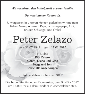 Traueranzeige von Peter Zelazo von Super Sonntag SGH Mansf. Land