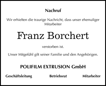 Traueranzeige von Franz Borchert von Mitteldeutsche Zeitung Köthen