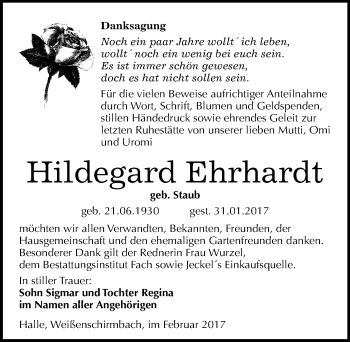 Traueranzeige von Hildegard Ehrhardt von Mitteldeutsche Zeitung Merseburg/Querfurt