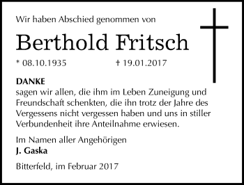 Traueranzeige von Berthold Fritsch von Mitteldeutsche Zeitung Bitterfeld