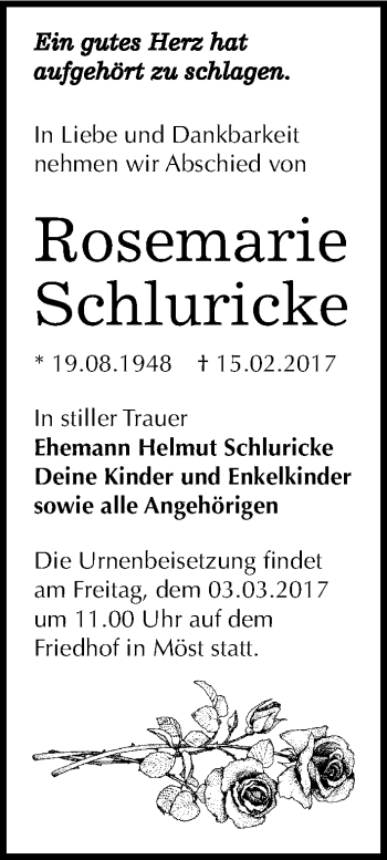 Traueranzeige von Rosemarie Schluricke von Mitteldeutsche Zeitung Bitterfeld
