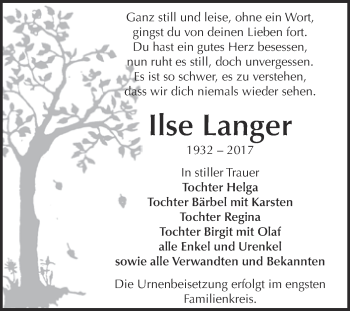 Traueranzeige von Ilse Langer von WVG - Wochenspiegel Bitterfeld