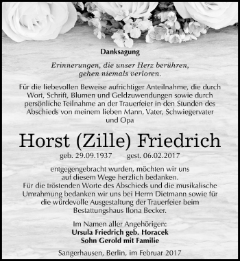 Traueranzeige von Horst Friedrich von Mitteldeutsche Zeitung Sangerhausen