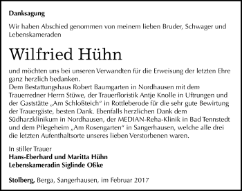 Traueranzeige von Wilfried Hühn von Mitteldeutsche Zeitung Sangerhausen