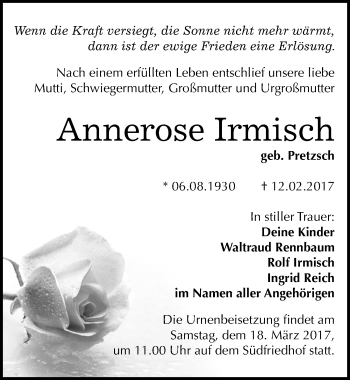 Traueranzeige von Annerose Irmisch von Mitteldeutsche Zeitung Halle/Saalkreis