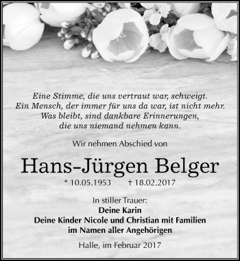 Traueranzeige von Hans-Jürgen Belger von Mitteldeutsche Zeitung Halle/Saalkreis