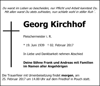 Traueranzeige von Georg Kirchhof von Mitteldeutsche Zeitung Wittenberg